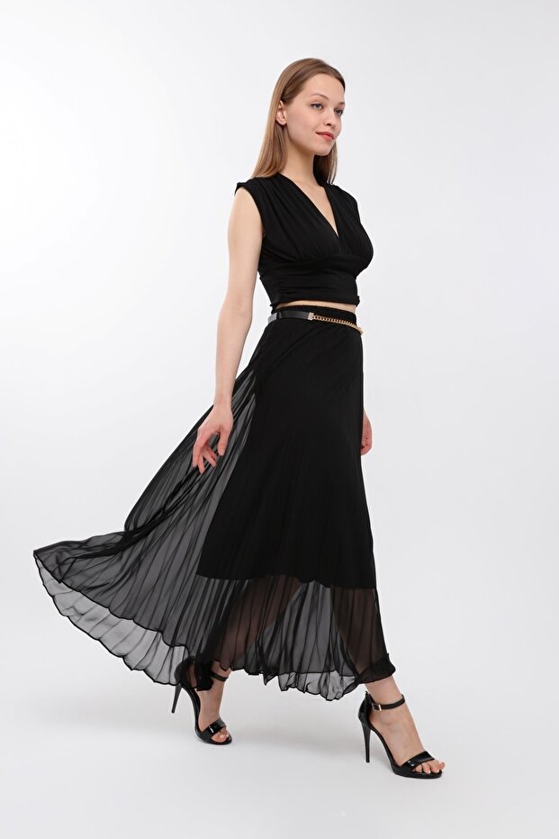 Patterned Lined Elastic-Waist Pleated Chiffon Skirt Qys