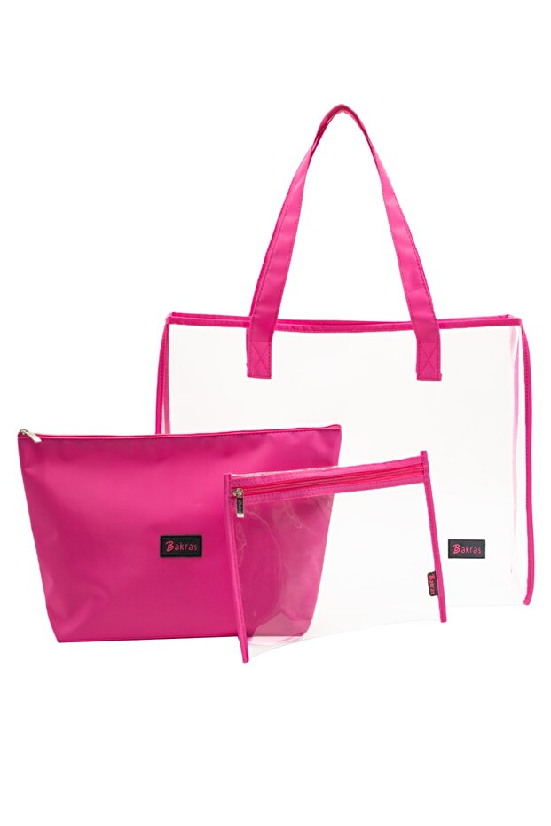 Set of 3 Large Size Transparent Beach Bags - Transparent/pink