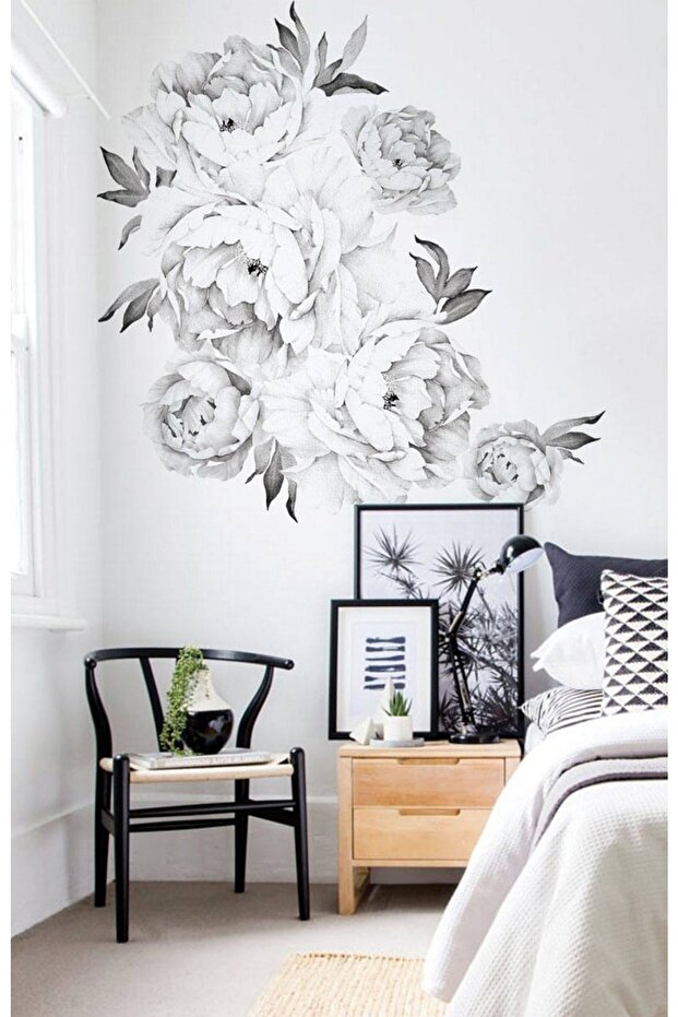 - Sim160- Black and White Peony Flowers Leaves Wall Sticker Set White