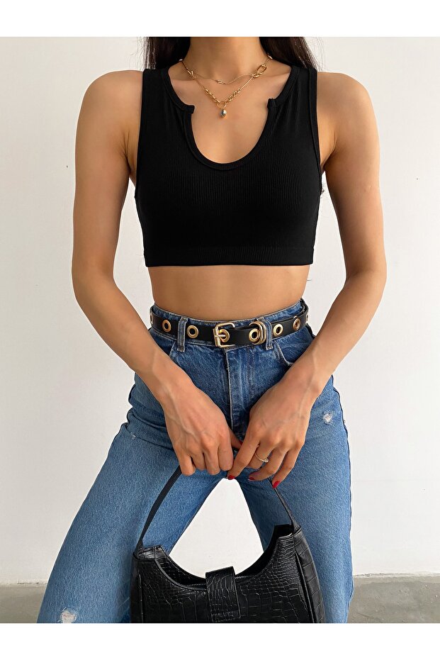 Women's Black V-Neck Thick Strap Collar Detailed Six Elastic Camisole Crop Blouse Blz8832