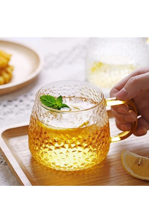 Borosilikat Cam Lüks Buzlu Cam Kupa Gold Sap Detaylı 350 ml 4 Adet - 2