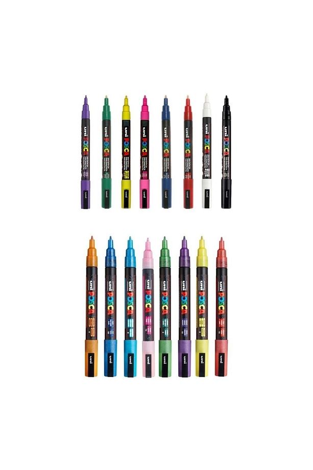Posca Marker Kalemi Pc-3m (0.9-1.3mm) Simli Renkler Ve Ana Renkler 16'lı Set - 1