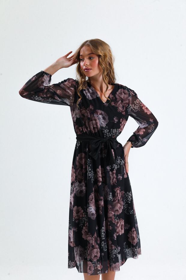 Onü Ve Arkası V Ciceklı Elbise Günlük Ve Özel Gün Elbise - 3