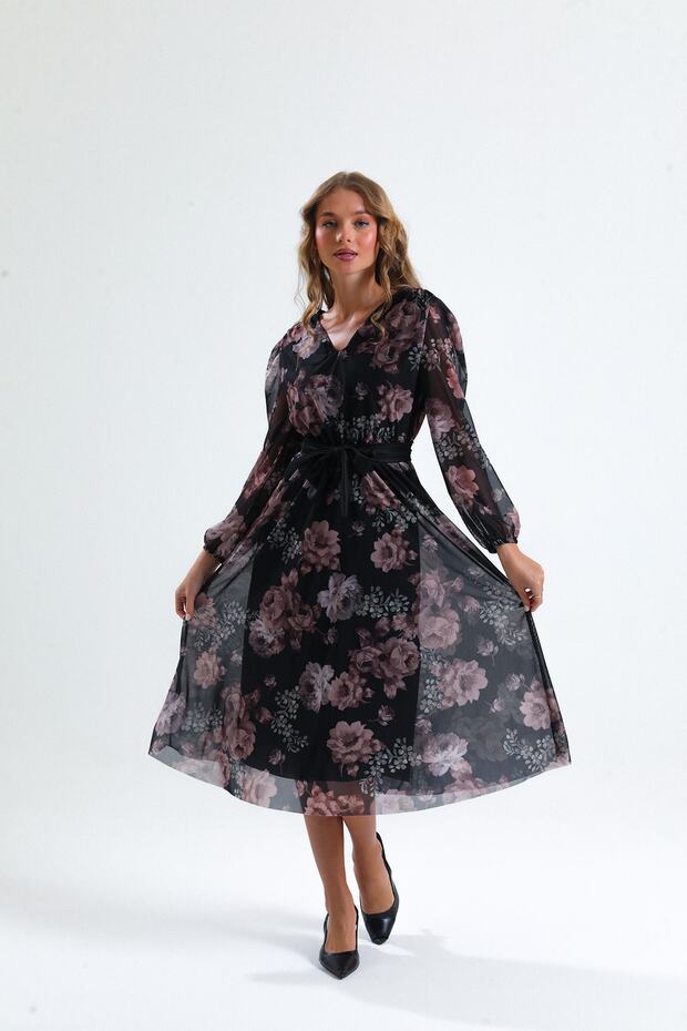 Onü Ve Arkası V Ciceklı Elbise Günlük Ve Özel Gün Elbise - 5