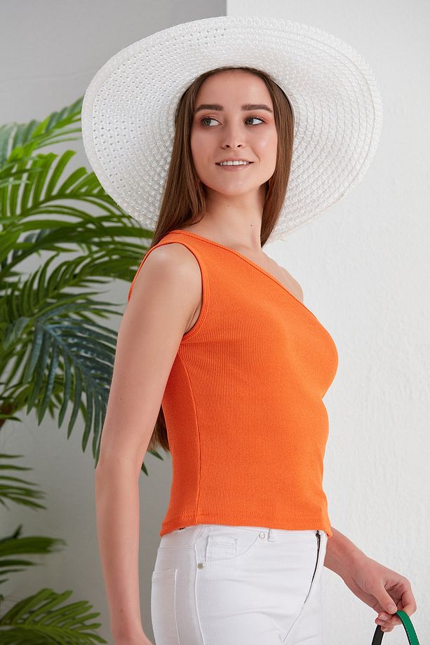 Turuncu Crop Tek Omuz Detaylı Kaşkorse Bluz - 5