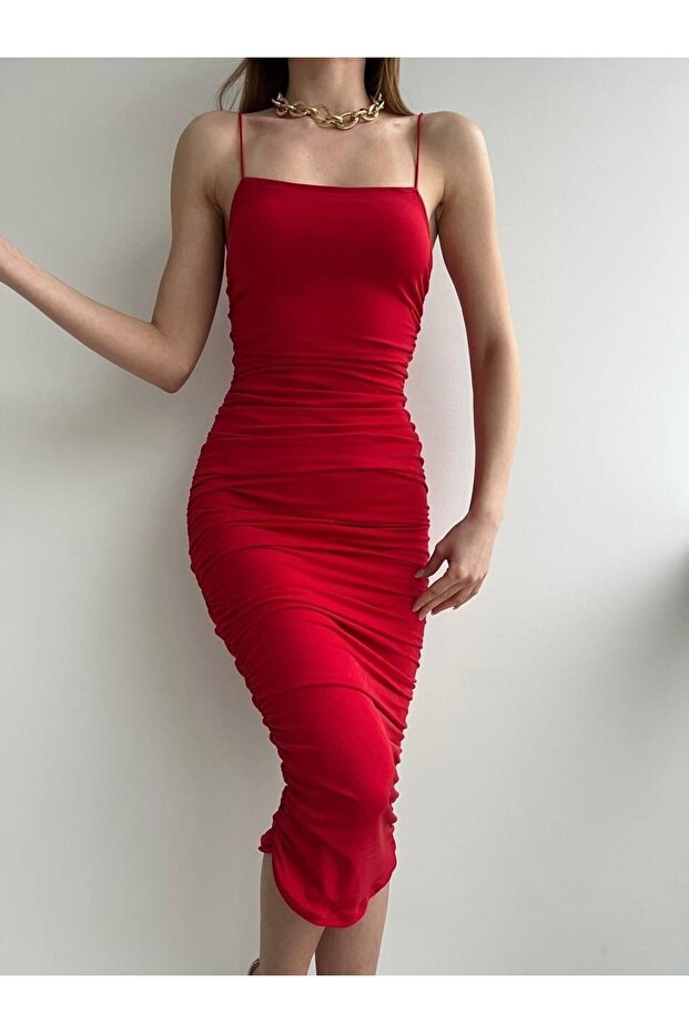 Ip Askı Drapeli Elbise Kırmızı - 1