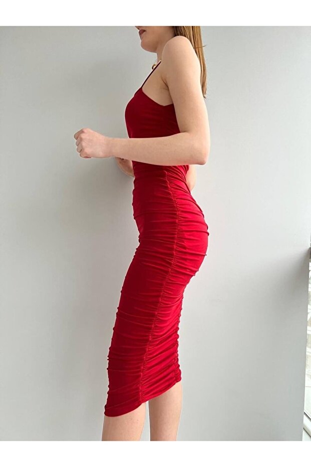 Ip Askı Drapeli Elbise Kırmızı - 3