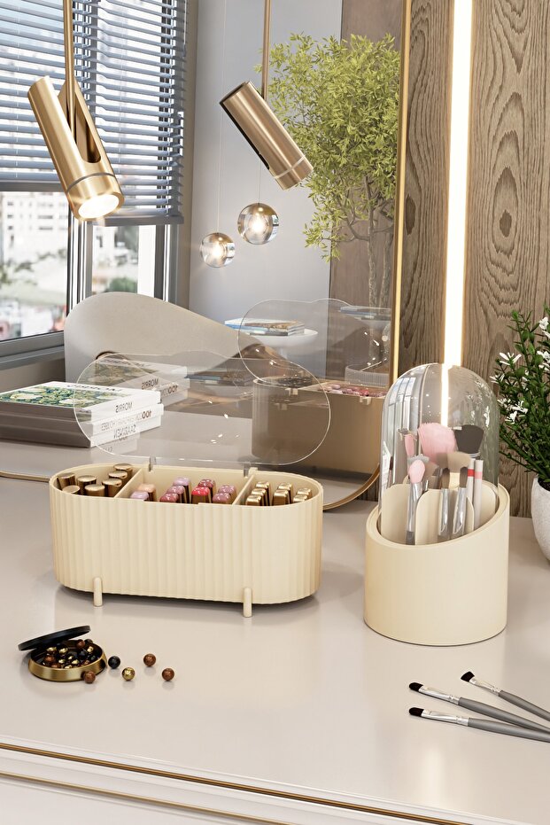 Aqua Makeup Cosmetic And Brush Holder Organizer Set of 2 Cream