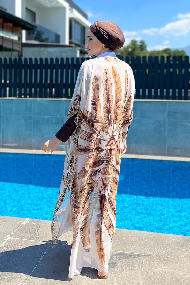Tesettür Mayo Üzerine Desenli Tek Kaftan Pareo 430-300 Maldiv Kahve - 3