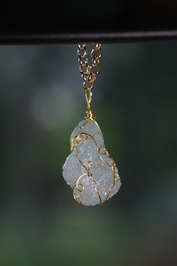 Aquamarine Natural Stone Raw Piece Wire Wrapped Rearview Ornament