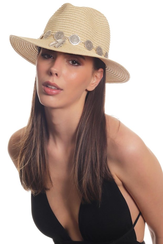 Women's Antique Silver Plated Metal Belt Detailed Original Design Beige Color Straw Hat