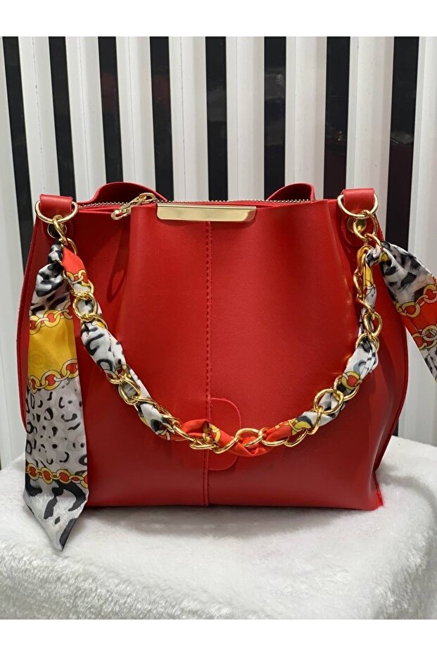 Women's Soft Leather 3-Compartment Handbag, Shoulder Bag with Scarf and Chain Accessories