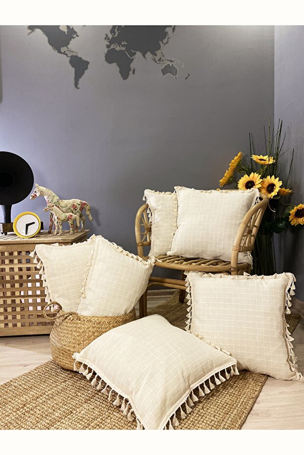 4+2 Handmade Natural 100% Organic Cotton 4 Side Tasseled Throw Pillow Cover Set