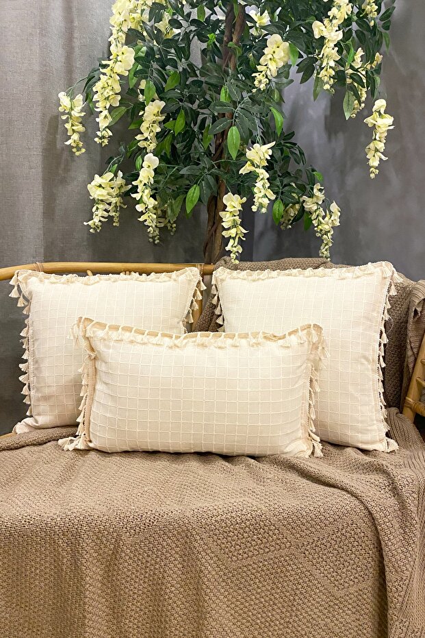 Set of 3 Handmade Natural 100% Organic Cotton 4 Sided Tasseled Throw Pillow Covers