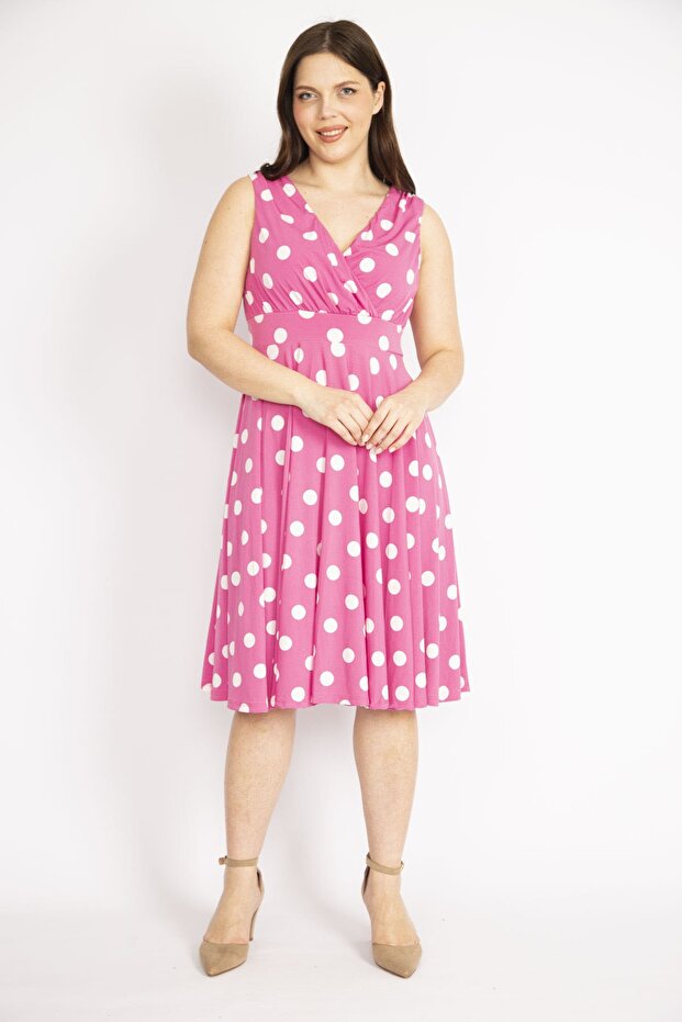 Дамска розова шарена рокля с яка и голям размер 65n36244 - 2