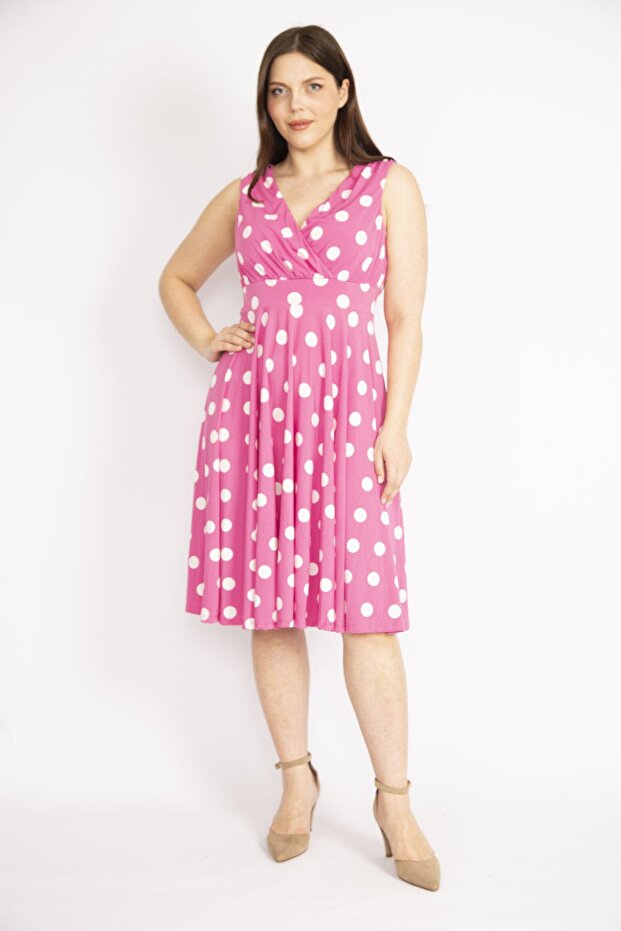 Дамска розова шарена рокля с яка и голям размер 65n36244 - 3