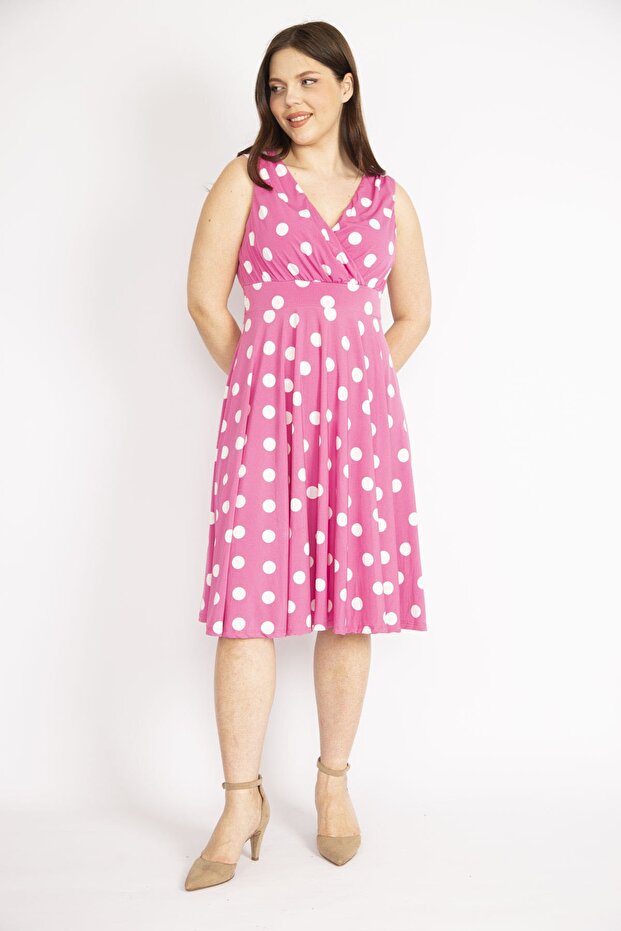 Дамска розова шарена рокля с яка и голям размер 65n36244 - 4