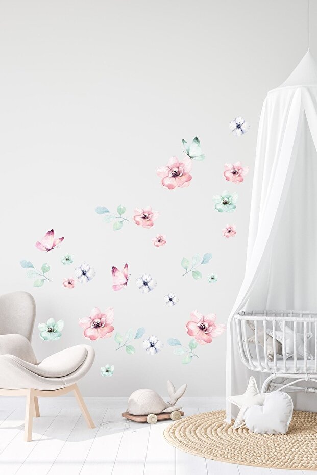 - Sm196- Soft Color Flying Flowers And Butterflies Wall Sticker Set