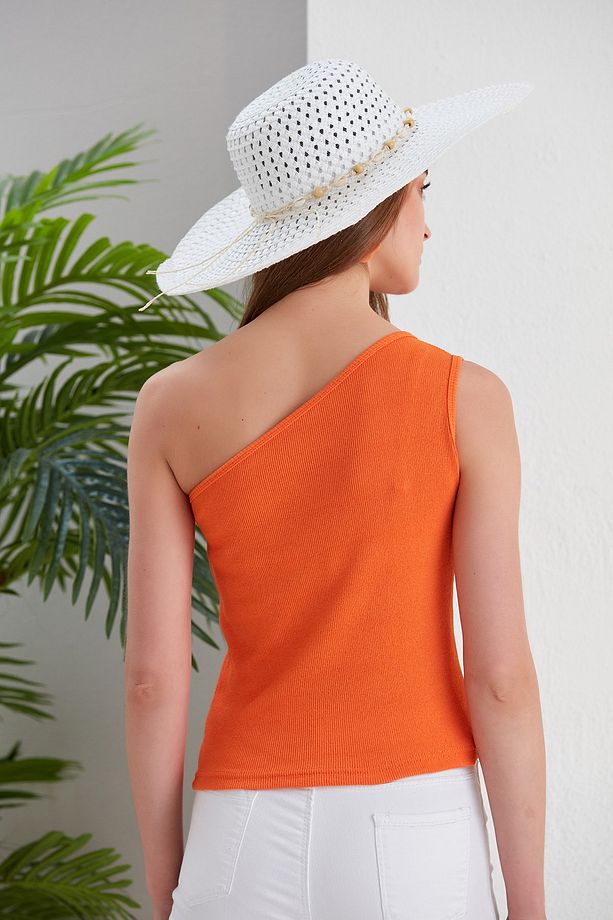 Turuncu Crop Tek Omuz Detaylı Kaşkorse Bluz - 8