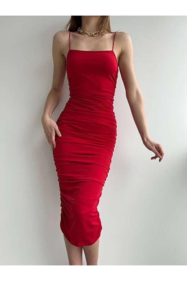 Ip Askı Drapeli Elbise Kırmızı - 2