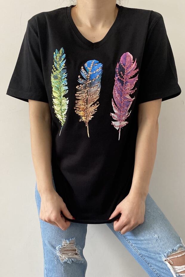 Women's Black V-Neck Feather Pattern Sequin Embroidered 100% Cotton T-Shirt