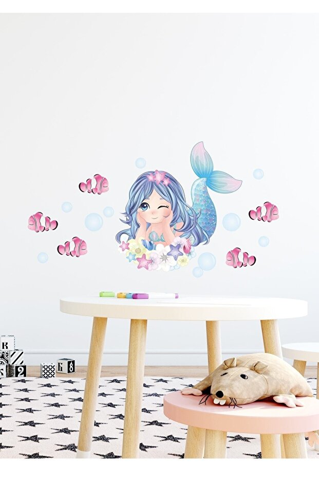Blue Haired Mermaid and Fishes Wall Sticker Set - Sim51
