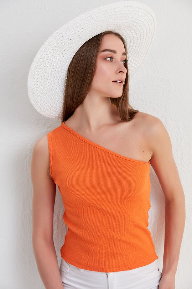 Turuncu Crop Tek Omuz Detaylı Kaşkorse Bluz - 6