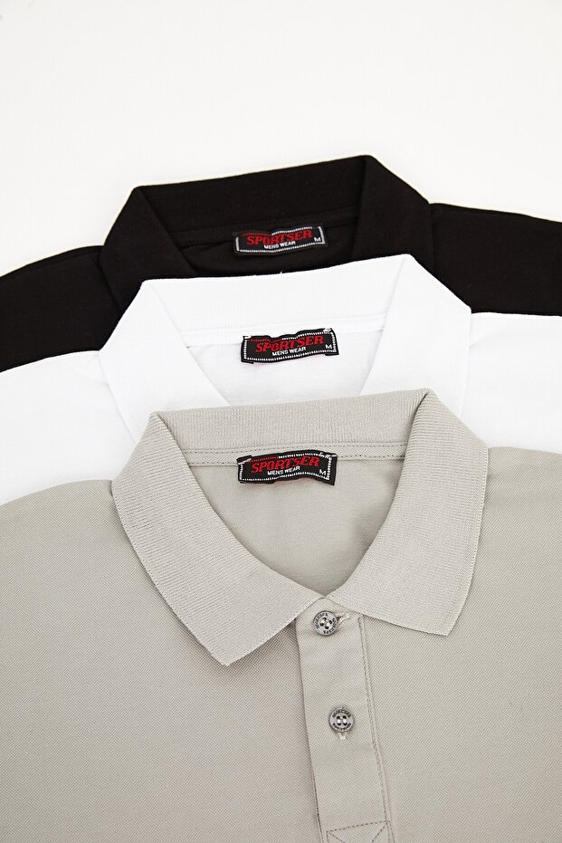 Men's 3-Piece Polo Collar 100% Cotton T-shirt Black-grey-white Dawrazz-023