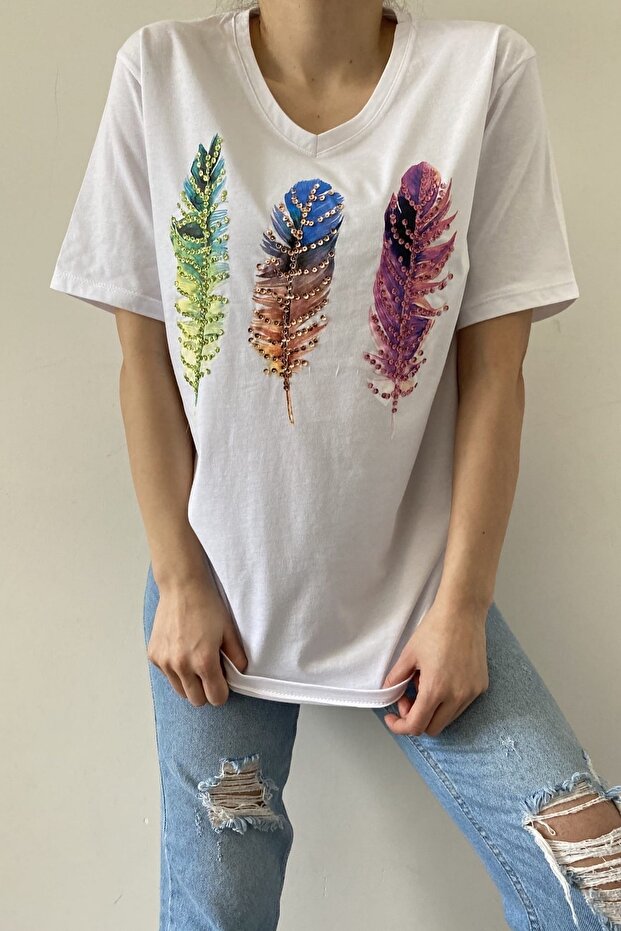 Women's White V-Neck Feather Pattern Sequin Embroidered 100% Cotton T-Shirt