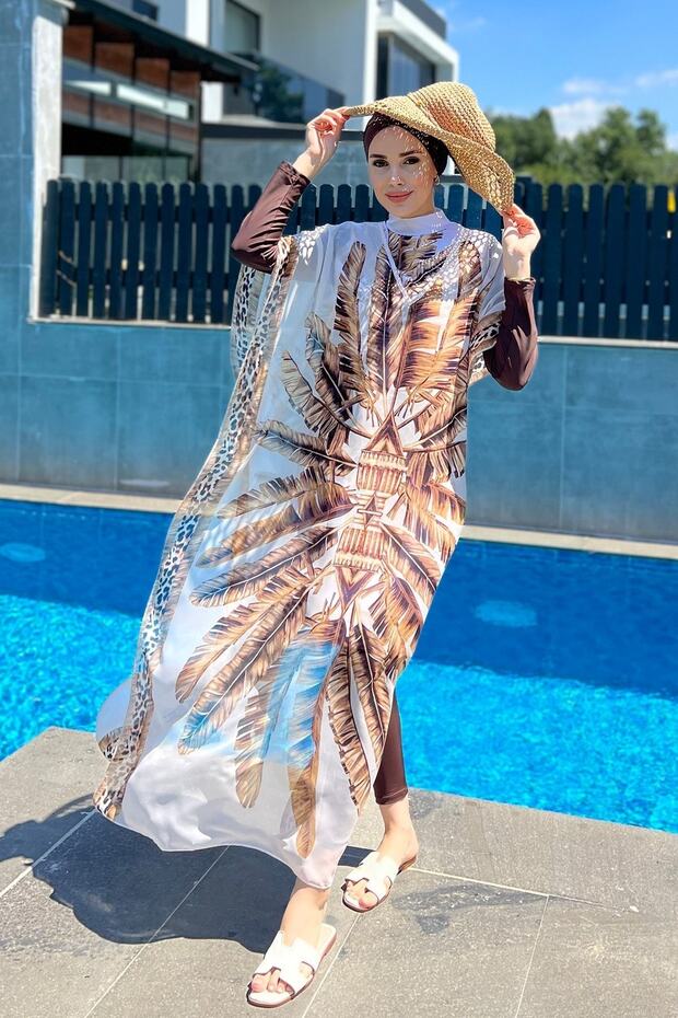 Tesettür Mayo Üzerine Desenli Tek Kaftan Pareo 430-300 Maldiv Kahve - 1