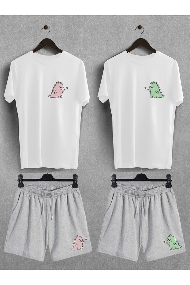 Dinosaur Printed Oversize T-Shirt Regular Shorts Dear Couple Couple T-shirt Shorts Set