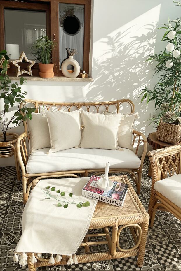 Set of 5 Handmade Natural Linen Authentic Organic Cotton Tasseled Throw Pillow Cover & Runner Set