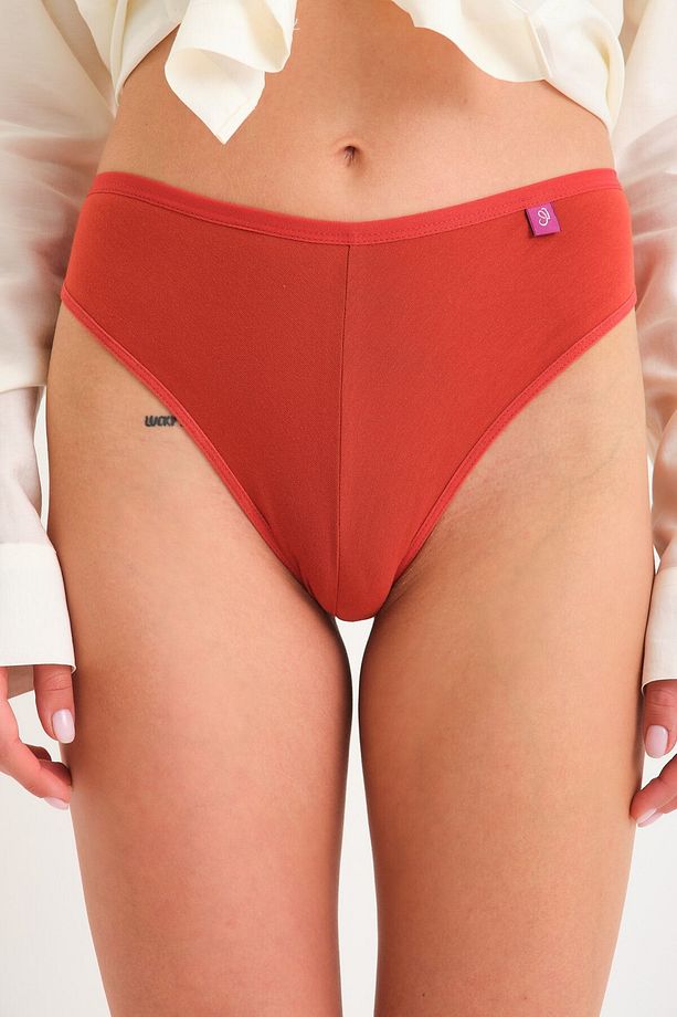 Pamuklu Yüksek Bel Brazilya Külot Tekli High Waist Brazilian Kiremit - 3
