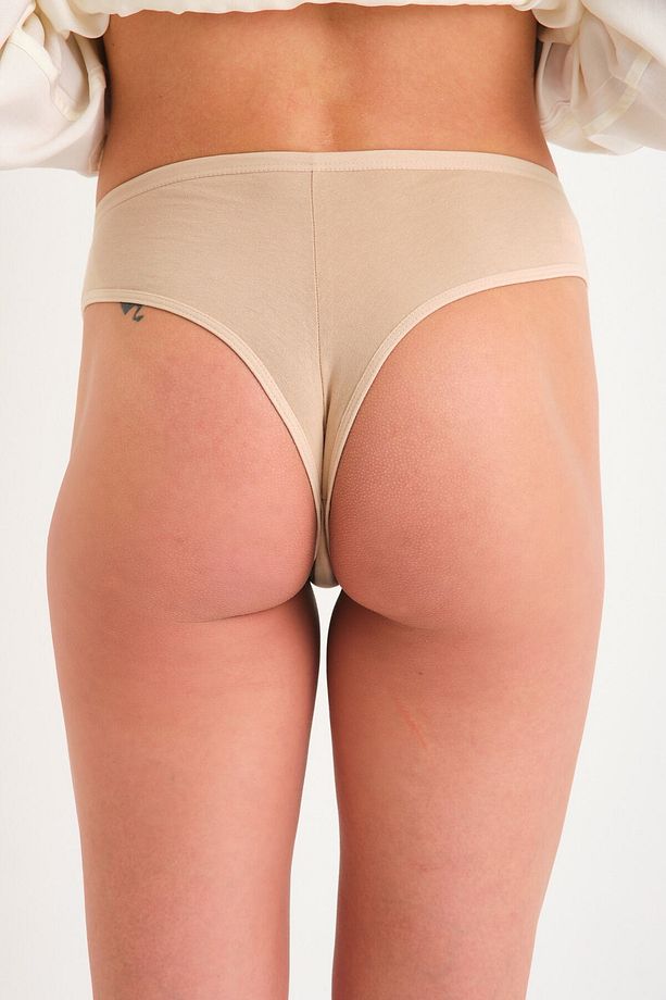 Pamuklu Yüksek Bel Brazilya Külot Tekli High Waist Brazilian Bej - 3