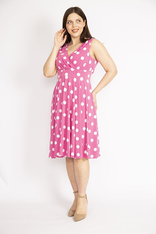 Дамска розова шарена рокля с яка и голям размер 65n36244 - 5