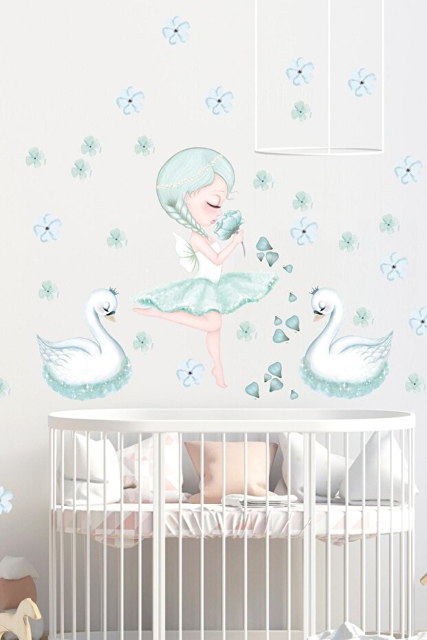 Mint Green Glitter Fairy and Swans Wall Sticker Set - Sim753