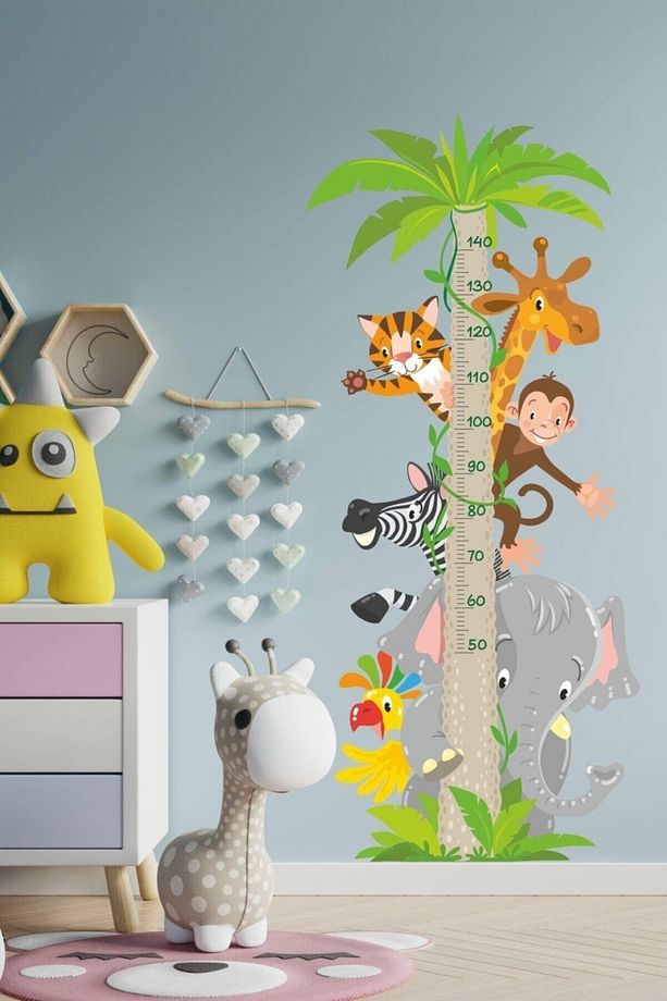 Sevimli Safari Hayvanları Temalı Boy Ölçer Duvar Sticker - 3