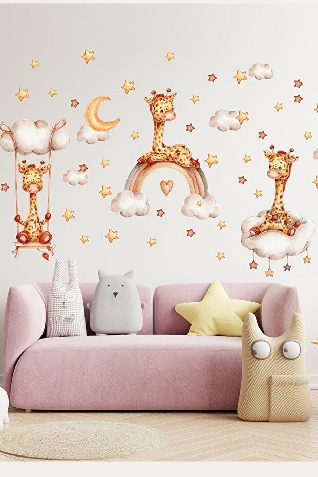 Triple Cute Giraffes Stars And Clouds Kids Room Wall Sticker Set - Sim782