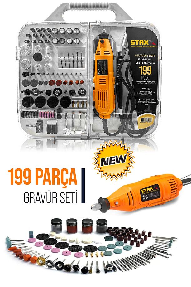 Super199 199 Parça 500w Devir Ayarlı Hobi Gravür Oyma Makinesi Taşlama Zımpara Seti + Şaft Kablosu - 1