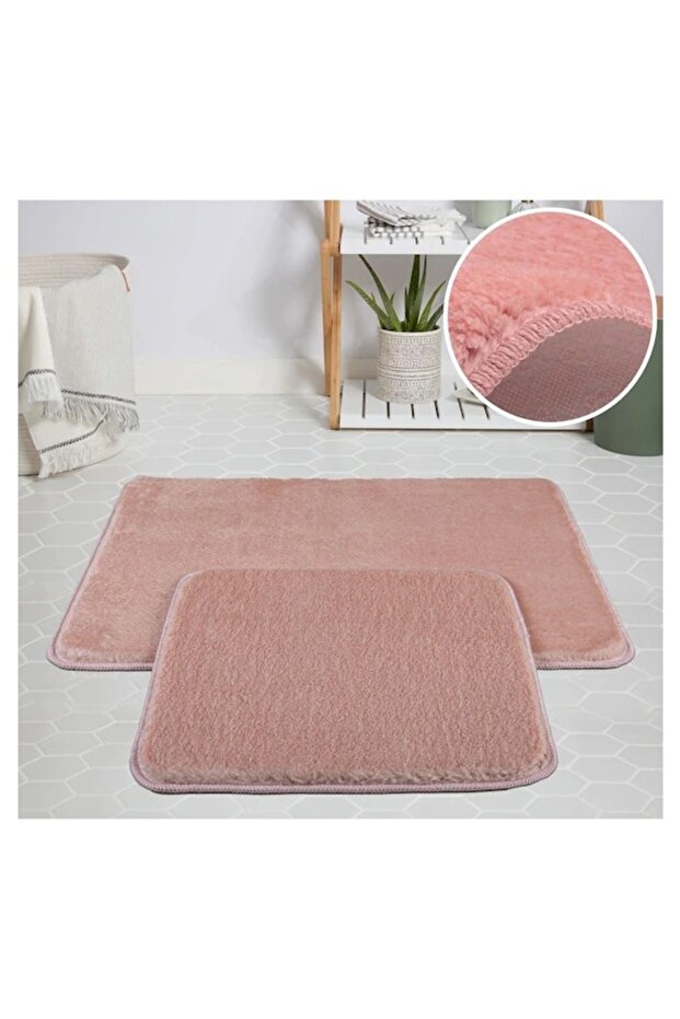 Pink Bath Mat Set Double Plush Carpet Non-Slip Base 50x90 Cm + 50x60 Cm
