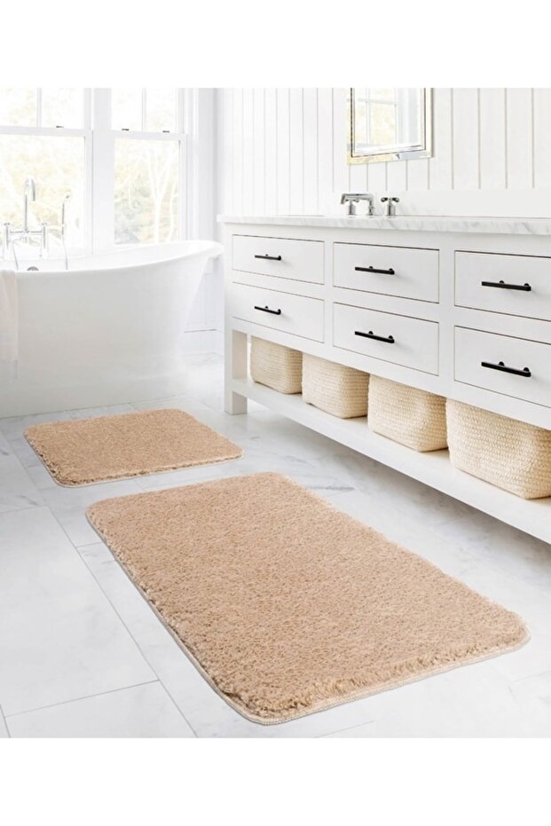 Beige Bath Mat Set Double Plush Carpet Non-Slip Base 50x90 Cm + 50x60 Cm