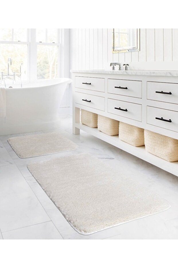 Cream Bath Mat Set Double Plush Carpet Non-Slip Base 50x90 Cm + 50x60 Cm