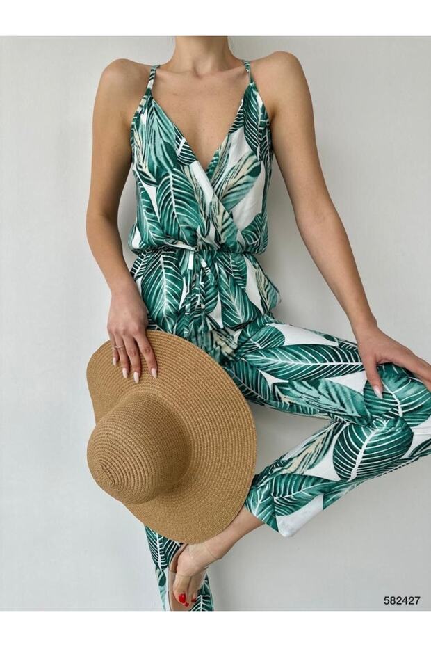 Women's Green Woven Viscose Fabric Elastic Waist Patterned Strap Jumpsuit