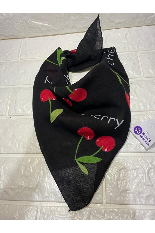 Black Cherry Patterned Cotton Fabric Women's Scarf - Bandana