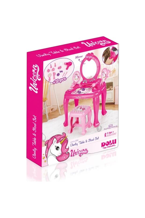 Unicorn Oyuncak Ayaklı Masa Tabureli Makyaj Seti Masası - 6