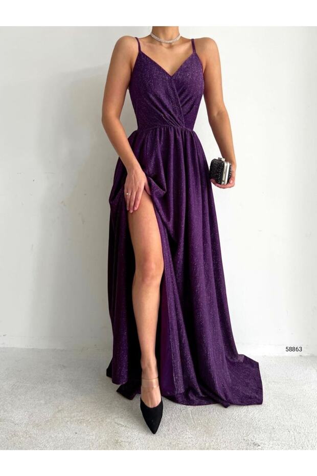 Sparkly Fabric, Low-cut, Slit Detailed Long Purple Evening Dress 022