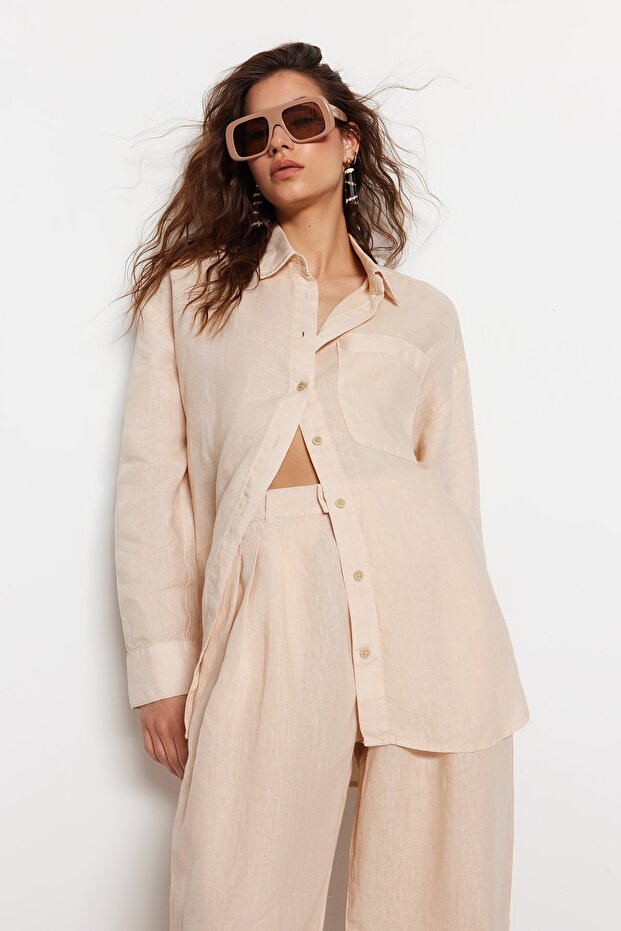 Bej %100 Keten Oversize Gömlek TWOSS23GO00443 - 7
