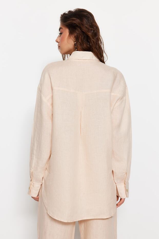 Bej %100 Keten Oversize Gömlek TWOSS23GO00443 - 9