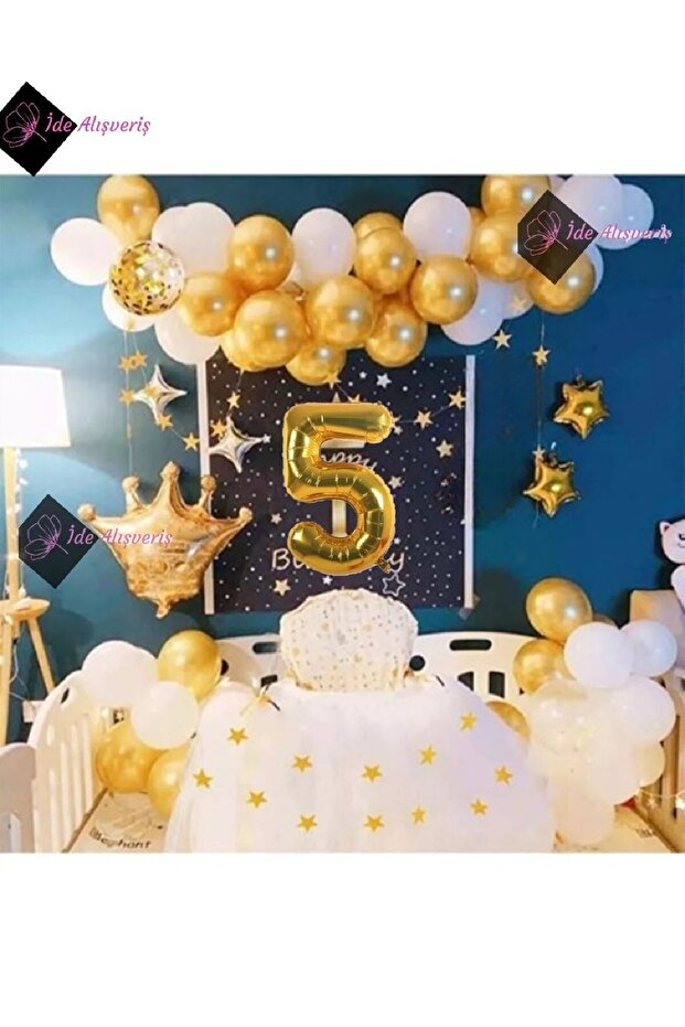 مجموعة بالونات عيد ميلاد بسلسلة ذهبية لعمر 5 سنوات مع تاج الملك