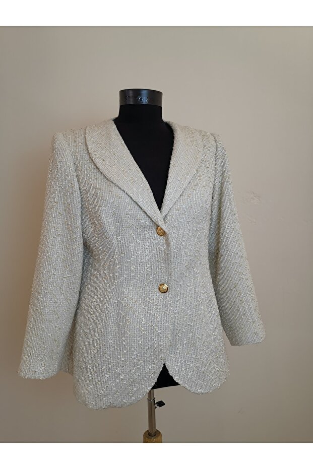 Gold Düğmeli Tüvit Ceket Ekru - 3